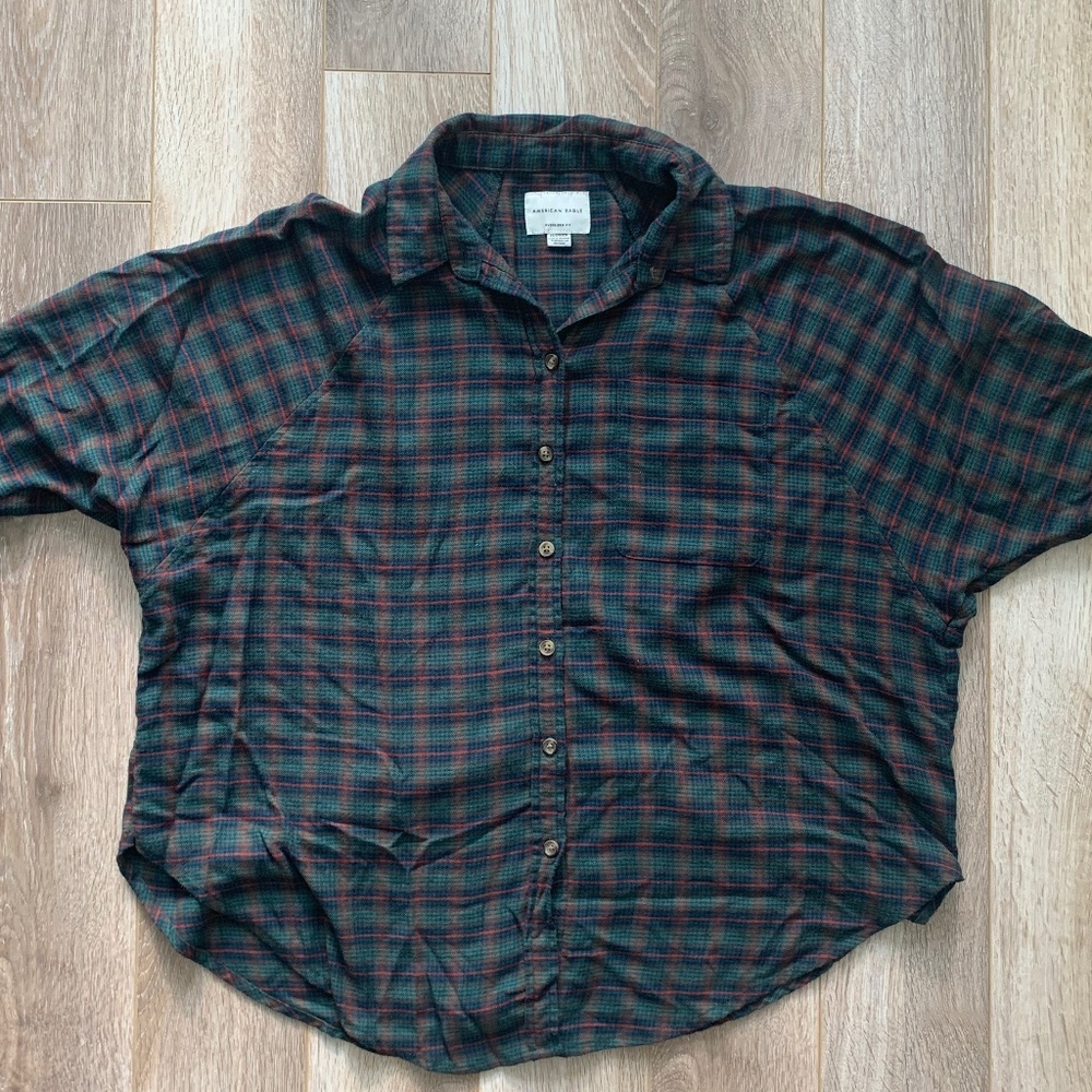 American Eagle Oversized Green Plaid Button Up Top